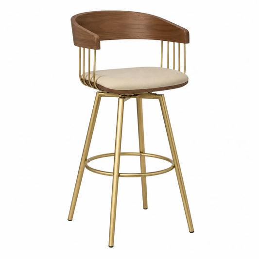 Barhocker aus Walnussholz und Metall mit Stoffpolster Beige