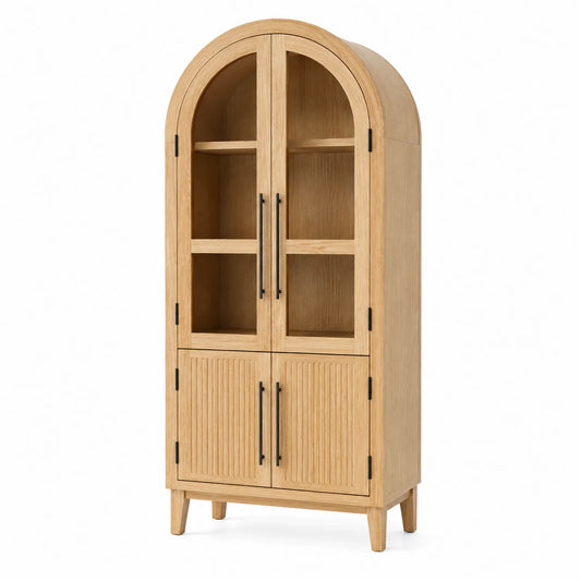 Freistehender Eiche Vitrinenschrank mit Glas- und Holzfronten 180cm