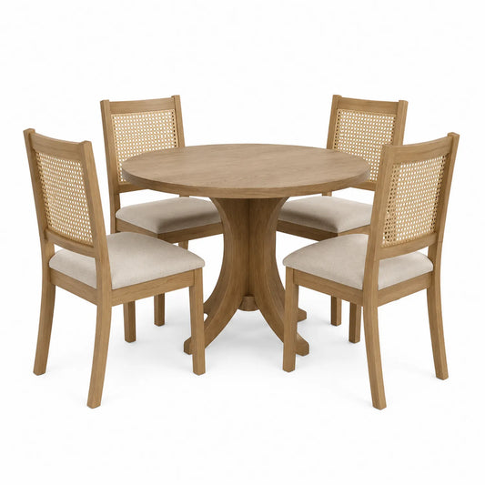 Runder Holzesstisch mit 4 Stühlen aus Rattan und Stoff, Durchmesser 120 cm